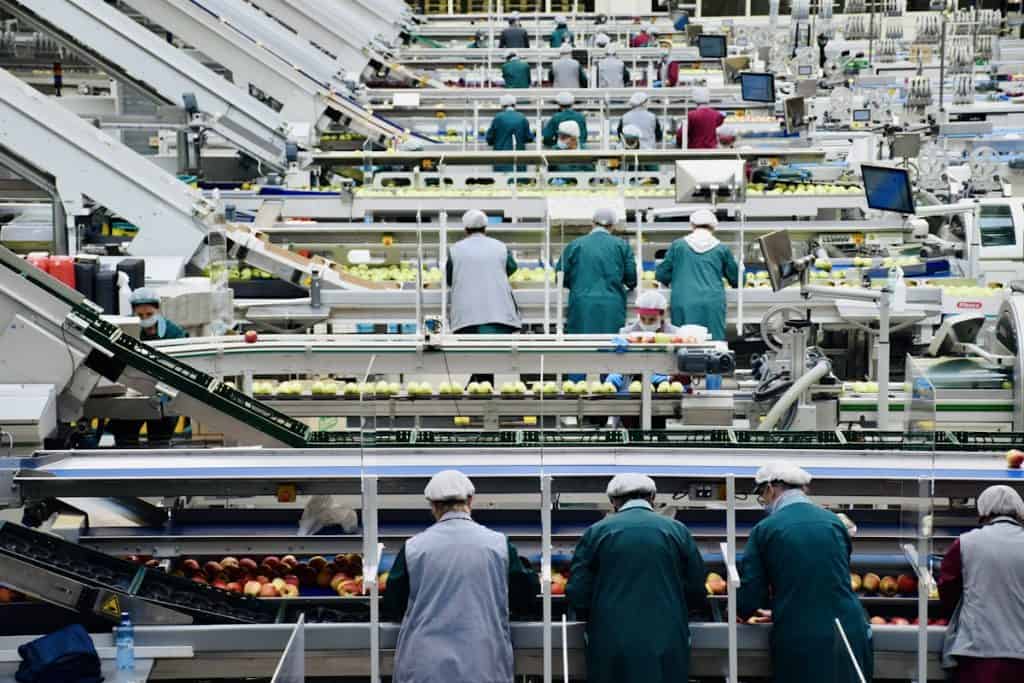 Funcionários em fábrica de alimentos representando a importação de insumos para indústria alimentícia